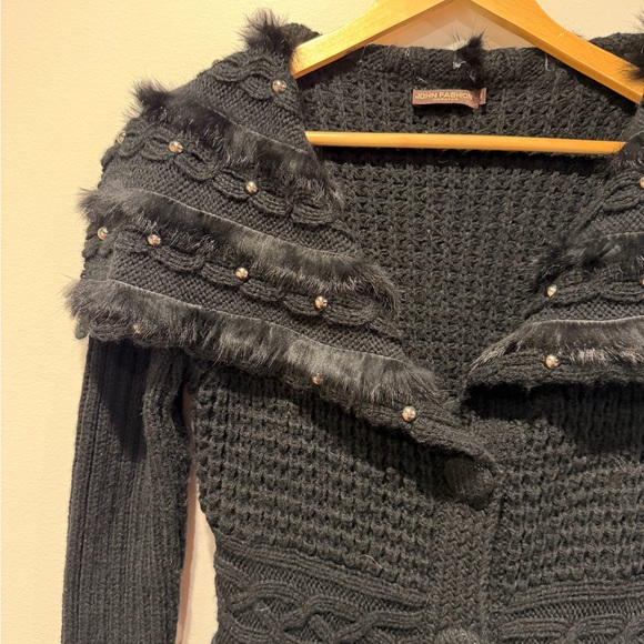 John Fashion Black Mixed Knit Longline Cardigan Faux Fur Collar & Studs - M - Picture 3 of 11